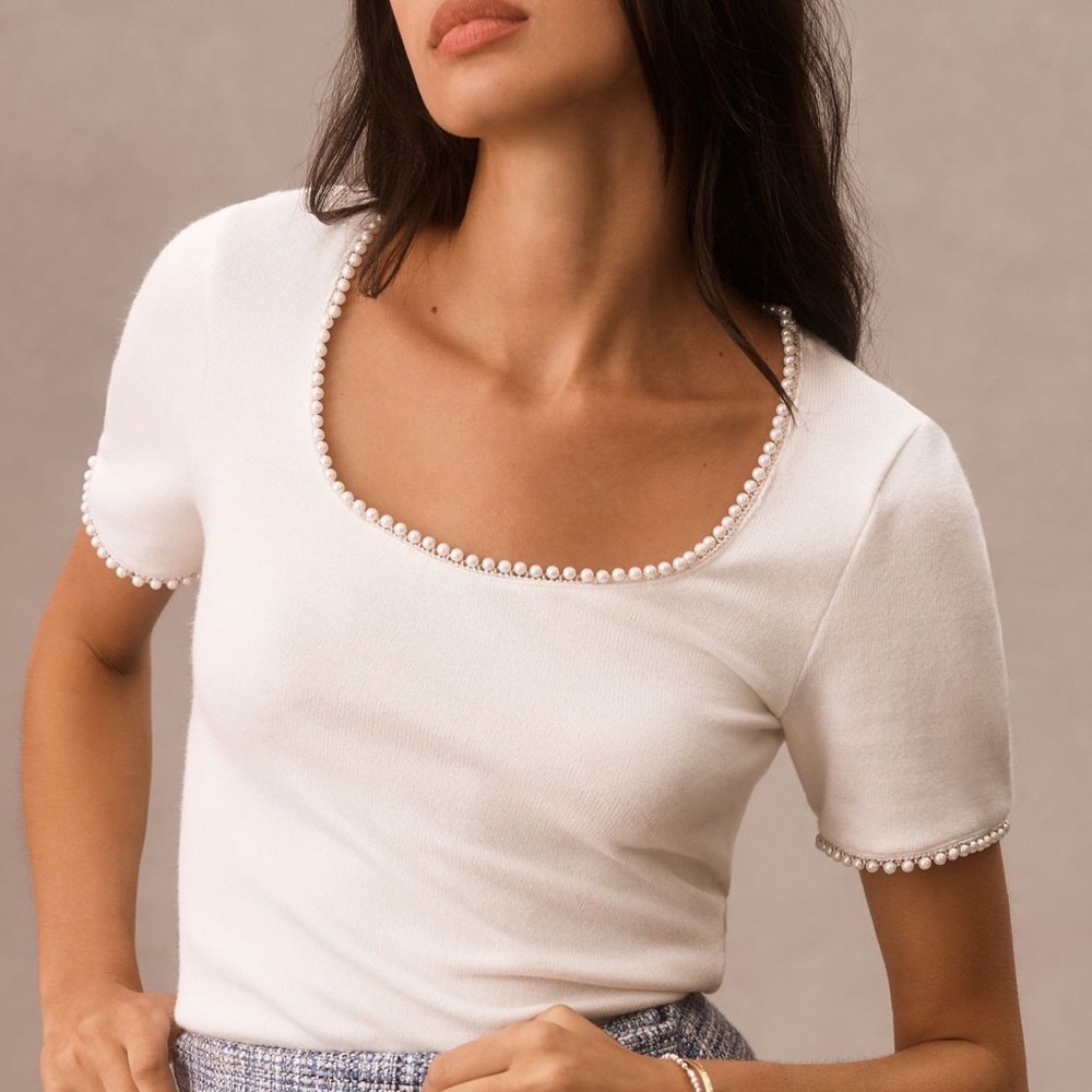NWT Canapé Pearl-Trim Scoop-Neck Top in Cream. Size Small